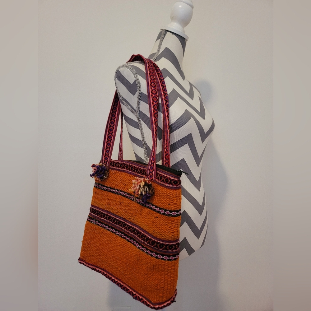 Handmade Peruvian Woven Shoulder Bag Colorful Andean Pom Pom Tote Festival Boho